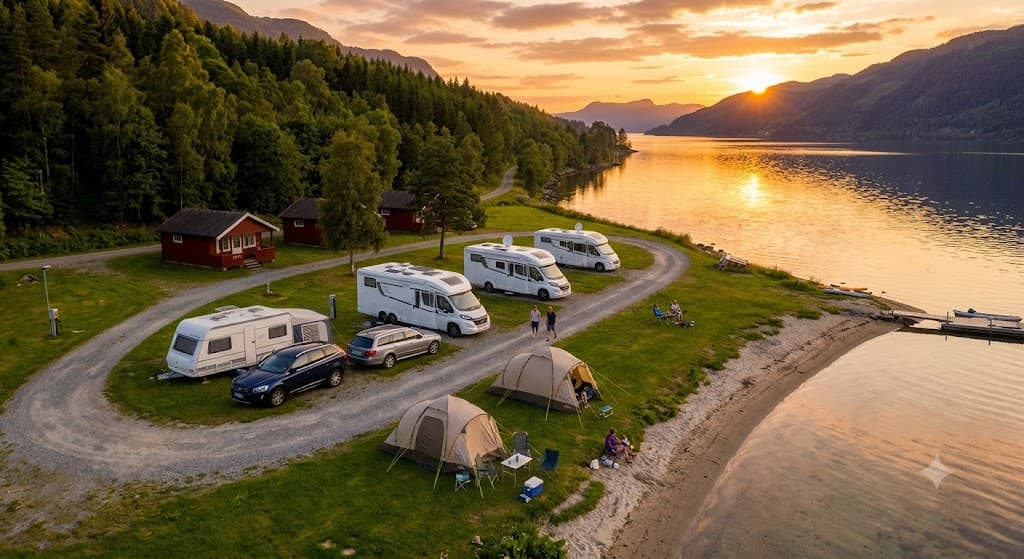 Flyfoto av en norsk campingplass ved en fjord i kveldssol med bobiler, telt og røde hytter